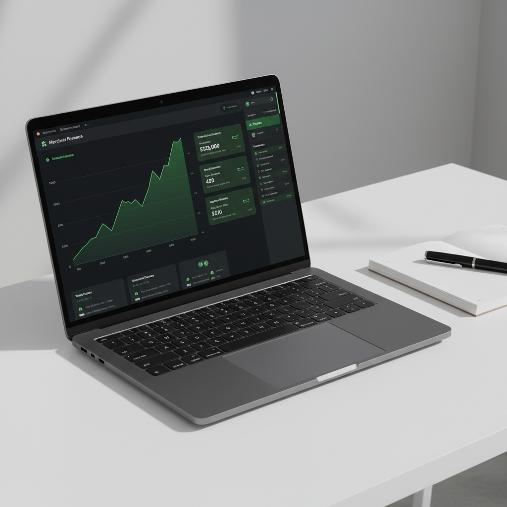 Merchant analytics dashboard on dual monitors