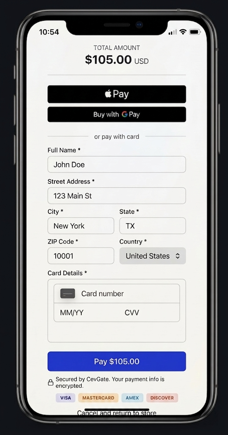 CevGate checkout page showing Apple Pay, Google Pay, and credit card form on a mobile device